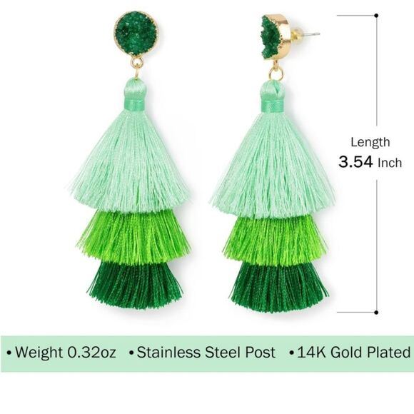 14K Yellow Gold with Purple Ombre Silk Thread Tassel and Quartz Druzy Earrings - Picture 6 of 8